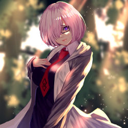 1girl bad_id bad_pixiv_id black-framed_eyewear black_dress blurry breasts closed_mouth depth_of_field dress fate/grand_order fate_(series) female_focus glasses hair_over_one_eye hood hoodie light_purple_hair long_sleeves looking_at_viewer mash_kyrielight medium_breasts open_clothes open_hoodie purple_eyes red_neckwear shiodango short_hair solo sunlight upper_body 