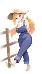  1girl absurdres aki_rosenthal alternate_costume arms_behind_back barefoot blonde_hair blue_overalls bob_cut breasts cleavage denim denim_overalls detached_hair elf feet full_body hat headgear highres hololive large_breasts looking_at_viewer low_twintails nail_polish naked_overalls overalls parted_bangs pointy_ears purple_eyes short_hair simple_background soles solo sun_hat tasty_(dudwofla) toenail_polish toenails twintails virtual_youtuber white_background 
