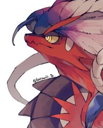 animal_focus artist_name closed_mouth colored_skin commentary_request highres koraidon looking_ahead mamebato nintendo no_humans pokemon pokemon_(creature) red_skin twitter_username yellow_eyes 