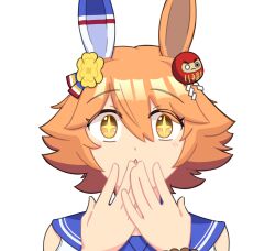  +_+ 1girl animal_ears blue_sailor_collar commentary_request covering_own_mouth daruma_doll doll_hair_ornament ear_covers highres horse_ears horse_girl malivien matikanefukukitaru_(umamusume) orange_eyes orange_hair sailor_collar short_hair simple_background single_ear_cover solo umamusume upper_body white_background 