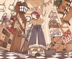  1girl analog_clock animal_print arch bag bandana bear_print blush breast_pocket brown_eyes brown_hair brown_shirt bucket buttons ceiling chest_of_drawers clock closed_mouth closed_umbrella clothes_writing coffee_mug collared_shirt commentary_request crate cup flower folded_clothes hand_on_own_hip hanging_light holding holding_mop indoors jar lantern layered_skirt long_skirt looking_at_animal mahoshiki mop mopping mouse_(animal) mug no_pupils original pitcher_(container) plant pocket potted_plant print_shirt puffy_short_sleeves puffy_sleeves purple_skirt red_bandana red_flower shelf shirt shop short_hair short_sleeves skirt slice_of_life slippers socks solo standing stool striped_clothes striped_skirt tile_floor tiles turning_head umbrella umbrella_stand unamused unworn_shirt unworn_socks vertical-striped_clothes vertical-striped_skirt warm_colored white_skirt yellow_flower 