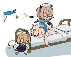  3girls ahoge animal_ear_fluff animal_ears applying_bandaid apron ass bandaid black_hair blonde_hair blue_hair brown_hair chibi chibi_only contrast_collar dooby_(vtuber) dress fins fireworks fish_girl fish_tail gloves green_dress hat highres indie_virtual_youtuber jerboa_tail laughing lifebuoy_hair_ornament long_hair long_sleeves low_twintails medium_hair meme multicolored_hair multiple_girls nimi_nightmare nurse nurse_cap one_side_up open_mouth overalls rash round_collar rounded_collar sameko_saba shirt short_hair simple_background sleeveless streaked_hair tail tapir_ears tapir_girl torororose twintails very_long_hair virtual_youtuber wheeze_comic_(meme) white_apron white_background white_dress white_gloves white_shirt 