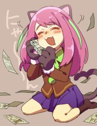 10s 1girl :3 animal_ears animal_hands blazer bow brown_background cat_ears cat_paws closed_eyes drooling fang female_focus gloves hashimoto_nyaa heart heart_tail jacket money noruberusu osomatsu-san osomatsu_(series) paw_gloves pink_hair school_uniform simple_background sitting skirt solo tail wariza rating:Sensitive score:4 user:danbooru