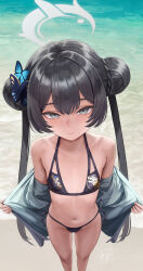  1girl alternate_costume beach bikini black_bikini black_hair blue_archive butterfly_hair_ornament closed_mouth double_bun dragon_print flat_chest grey_eyes hair_bun hair_ornament halo highres jacket kisaki_(blue_archive) loli long_hair navel ocean off_shoulder open_clothes open_jacket outdoors print_bikini smile solo stomach swimsuit twintails yamaneko_(tkdrumsco)  rating:Sensitive score:65 user:danbooru