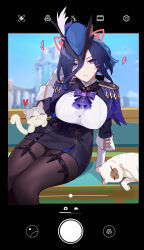  1girl absurdres ascot black_corset black_pantyhose breasts cat clorinde_(genshin_impact) corset couch day drawn_ears drawn_heart drawn_whiskers epaulettes fake_phone_screenshot fake_screenshot fold-over_gloves framed_breasts game_screenshot_background genshin_impact gloves hair_between_eyes hat hat_feather highres large_breasts long_hair_between_eyes looking_at_viewer on_couch outdoors outside_border pantyhose peacekeeper.45 pencil_skirt purple_ascot purple_eyes purple_hair screenshot_background shirt siamese_cat sitting skirt solo taut_clothes taut_shirt thighs tricorne white_gloves white_shirt 