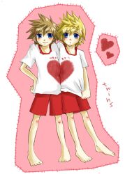  2boys barefoot blonde_hair blue_eyes brothers brown_hair feet heart kingdom_hearts male_focus multiple_boys roxas shirt shorts siblings smile sora_(kingdom_hearts) t-shirt toes twins yaoi  rating:Sensitive score:18 user:YouRock