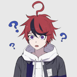  1boy ? ahoge drawstring grey_background grey_jacket hood hood_down hoodie jacket lowres male_focus multicolored_hair purple_eyes question_mark_ahoge red_hair seiran_yoroz short_hair simple_background solo streaked_hair sumino_takumi the_hundred_line_-last_defense_academy- upper_body white_hoodie 