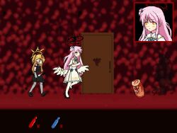  3girls black_dress blonde_hair blood blood_on_face blue_archive cake demon_tail demonophobia door dress food gehenna_academy_logo hair_bun halo hell highres ibuki_suika kursea mika_(blue_archive) multiple_girls parody pink_hair seia_(blue_archive) swiss_roll tail white_dress wings yellow_eyes 
