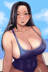  1girl black_eyes black_hair blue_one-piece_swimsuit blurry blurry_background blush boku_no_hero_academia breasts cleavage collarbone covered_erect_nipples gud0c highres large_breasts long_hair looking_at_viewer one-piece_swimsuit open_mouth outdoors solo swimsuit teeth upper_teeth_only veins veiny_breasts yaoyorozu_momo  rating:Sensitive score:50 user:danbooru