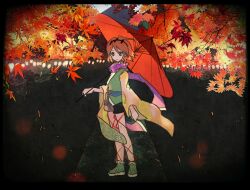  1other androgynous autumn autumn_leaves baggy_shorts bare_shoulders black_border black_hairband black_shorts blue_sash boots border clenched_hand closed_mouth day detached_sleeves falling_leaves full_body green_boots green_kimono hair_between_eyes hair_rollers hairband highres holding holding_umbrella japanese_clothes kimono leaf leg_ribbon len&#039;en light_particles mountain nami_oto oil-paper_umbrella orange_eyes orange_hair other_focus outdoors path purple_scarf red_ribbon red_umbrella ribbon road sash scarf short_hair short_kimono shorts sleeveless sleeveless_kimono solo standing tareme tree umbrella umbrella_over_shoulder waist_sash wide_sleeves yellow_sleeves zuifeng_tenkai 