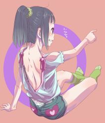  1girl black_hair green_socks grin laughing motoi_hiroumi open_back panties panty_peek pointing ponytail ribbon scrunchie shorts sitting smile socks underwear  rating:Sensitive score:11 user:Avalokitty