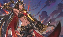  1girl arm_up blue_eyes brown_hair cloud criss-cross_halter crossed_bangs crossed_belts dark_skin dehya_(genshin_impact) fire genshin_impact hair_ears halterneck highres navel sky solo star_(sky) starry_sky sword weapon yggrassil  rating:General score:8 user:fuegoleo