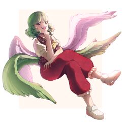  1girl absurdres dungeon_toaster full_body green_hair green_wings hand_on_own_face highres kazami_yuuka kazami_yuuka_(seihou) looking_at_viewer pants plaid_clothes plaid_vest red_eyes seihou shoes short_hair simple_background smile solo touhou vest white_shoes white_wings wings 