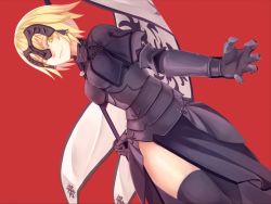  1girl bad_id bad_pixiv_id blonde_hair breasts bugbook dutch_angle fate/grand_order fate_(series) female_focus headpiece jeanne_d&#039;arc_(fate) jeanne_d&#039;arc_alter_(avenger)_(fate) jeanne_d&#039;arc_alter_(fate) large_breasts looking_at_viewer red_background ruler_(fate/grand_order) short_hair side_slit smile solo standard_bearer thigh_slit thighhighs thighs yellow_eyes 