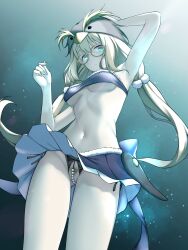  1girl animal_hat arm_up armpits bad_anatomy bespectacled bird_hat blonde_hair blonde_pubic_hair blue_eyes breasts crotchless crotchless_panties female_pubic_hair glasses gothic_wa_mahou_otome hat highres ka_(reonkat) long_hair looking_at_viewer medium_breasts navel panties partially_visible_vulva pearl_thong pubic_hair side-tie_panties skirt solo twintails twisted_torso underwear upskirt 