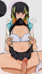 1boy 1girl black_hair bleach bleach:_sennen_kessen-hen bra breasts censored collarbone headphones headphones_around_neck medium_hair official_alternate_costume panties_around_leg penis ryuugu2000 simple_background skirt small_breasts spread_legs steam sui-feng underwear