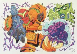  1girl arm_cannon armor assault_visor clenched_teeth commentary green_visor helmet metroid metroid_(creature) metroid_larva nintendo ohnosam power_armor power_suit_(metroid) samus_aran signature teeth varia_suit weapon 