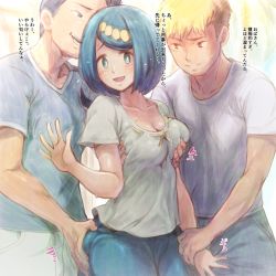 1girl ass_grab blue_eyes blue_hair blush breasts collarbone dress ero_kaeru grabbing_another&#039;s_breast groping hetero lana&#039;s_mother_(pokemon) long_hair looking_at_viewer mature_female multiple_boys nintendo open_mouth pokemon pokemon_(anime) pokemon_sm_(anime) sweat translation_request rating:Questionable score:145 user:danbooru