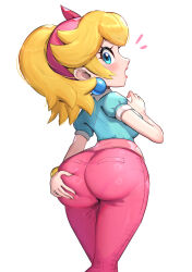  1girl aqua_shirt ass blonde_hair blue_eyes blue_shirt blush bracelet breasts earrings gonzarez hair_ribbon hairband highres jewelry large_breasts long_hair looking_at_viewer mario_(series) mario_kart mario_kart_world nintendo open_mouth pants pink_hairband pink_pants pink_ribbon princess_peach princess_peach_(sightseeing) ribbon shirt sideboob simple_background solo sphere_earrings white_background 