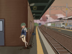 1girl bag blue_skirt blush cleft_of_venus clothes_lift embarrassed female_focus female_pubic_hair green_hair grey_panties highres loli long_hair open_mouth original outdoors panties panty_pull pee_trail peeing peeing_self pubic_hair public_indecency puddle pussy school_bag school_uniform serafuku shitomiya shoes skirt skirt_lift socks solo sweat tears train train_station uncensored underwear walking wet wet_clothes wet_panties wet_skirt yellow_eyes rating:Explicit score:72 user:BaronArgyleSven