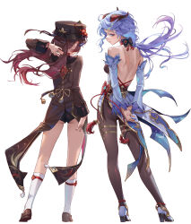 2girls absurdres ahoge arms_behind_back ass backless_outfit bare_back bare_shoulders black_headwear black_leotard black_nails black_pantyhose black_shorts blue_hair bodystocking bodysuit breasts chinese_knot collared_coat commentary_request contrapposto detached_sleeves flower flower_knot from_behind full_body ganyu_(genshin_impact) genshin_impact gloves goat_horns gold_trim hat hat_flower high_heels highleg highleg_leotard highres holding_own_wrist horns hu_tao_(genshin_impact) jewelry legs_apart leotard leotard_under_clothes long_hair long_sleeves looking_at_viewer looking_back low_ponytail medium_breasts multiple_girls multiple_rings no_gloves pantyhose pelvic_curtain plum_blossoms ponytail porkpie_hat profile rhtkd ring shorts shoulder_blades standing tailcoat tassel thigh_gap thighlet thumb_ring vision_(genshin_impact) waist_cape white_background white_sleeves rating:Sensitive score:36 user:danbooru