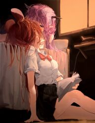 2girls absurdres animal_ears blue_eyes blush book breasts chocosong extra_ears hakos_baelz highres holding holding_book hololive hololive_english horns irys_(hololive) kiss long_hair mouse_ears multiple_girls on_floor open_book pointy_ears purple_hair red_hair sitting virtual_youtuber yuri 