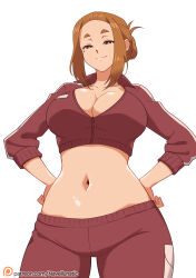  1girl breasts bright_pupils brown_eyes brown_hair commission from_below hair_bun half_updo hands_on_own_hips kaii_to_otome_to_kamikakushi large_breasts looking_at_viewer mole mole_under_eye navel navellunatic ogawa_sumireko patreon_username skin_tight smile smirk solo sportswear thick_eyebrows watermark white_background zipper 