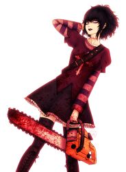  absurdres bags_under_eyes black_hair black_lagoon black_thighhighs blood blue_eyes boots breasts chainsaw collarbone ear_piercing frederica_sawyer frilled_skirt frills goth_fashion hair_up highres jewelry layered_sleeves lipstick long_sleeves looking_at_viewer makeup messy_hair pale_skin piercing ring scar scar_on_neck shirt short_over_long_sleeves short_sleeves sketchmenot skirt small_breasts striped_clothes striped_shirt thighhighs white_background  rating:Sensitive score:27 user:chopblock