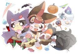  ;d black_eyes bright_pupils broom broom_riding buck_teeth candy closed_mouth commentary_request food gen_8_pokemon halloween halloween_bucket highres hood hood_up lollipop morpeko neck_ribbon nintendo no_humans one_eye_closed open_mouth pokemon pokemon_(creature) pumpkin ribbon scorbunny smile swirl_lollipop teeth white_pupils yellow_ribbon yupo_0322 
