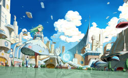  absurdres apron balloon blue_dress blue_sky bow breasts collared_shirt day dress driving frilled_apron frilled_dress frilled_sleeves frills from_behind full_body green_hair highres long_hair maid maid_apron maid_headdress multiple_others neck_ribbon outdoors puffy_short_sleeves puffy_sleeves red_ribbon reflective_floor ribbon ruukoto science_fiction shirt shoes short_sleeves sky small_breasts socks standing statue touhou touhou_(pc-98) ufo white_apron yazato_ichimushi 