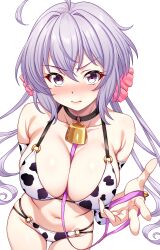  1girl ahoge animal_collar animal_print armpit_crease bell between_breasts bikini blush breasts closed_mouth collar commentary_request cow_print cow_print_bikini cowbell embarrassed full-face_blush groin hair_between_eyes hair_ornament hair_scrunchie highres holding_own_leash large_breasts lips long_hair looking_at_viewer navel print_bikini purple_eyes purple_hair scrunchie senki_zesshou_symphogear sho2 simple_background solo stomach swimsuit twintails very_long_hair yukine_chris 