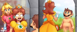  1boy 2girls artist_name blonde_hair brown_hair censored chris_pratt completely_nude crown d: dress facial_hair flower gloves green_eyes hands_up highres holding holding_flower long_hair looking_at_another lower_teeth_only mario mario_(series) mosaic_censoring multiple_girls mustache nintendo nortuet nude open_mouth orange_dress parks_and_recreation parody patreon_logo pink_dress princess_daisy princess_peach puffy_short_sleeves puffy_sleeves short_sleeves smile standing surprised teeth the_super_mario_bros._movie twitter_logo voice_actor_connection white_gloves 