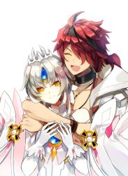  1boy 1girl android bare_shoulders black_collar blue_gemstone chest_jewel closed_eyes coat code:_esencia_(elsword) collar crown_hair_ornament detached_sleeves dress elsword elsword_(character) eve_(elsword) forehead_jewel gem gloves hair_over_one_eye halterneck hug hug_from_behind jewelry myagarin red_hair rune_master_(elsword) simple_background sleeveless sleeveless_dress smile upper_body white_background white_coat white_dress white_gloves white_hair white_sleeves yellow_eyes 
