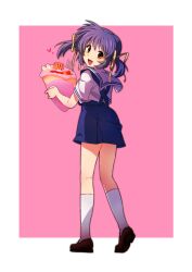 1girl :d absurdres blue_hair blue_skirt blush brown_shoes clannad commentary crepe food full_body hair_between_eyes hair_ribbon hands_up happy head_tilt heart high-waist_skirt highres hikarizaka_private_high_school_uniform holding holding_crepe holding_food kneehighs loafers looking_at_viewer looking_back medium_hair mogege_gk open_mouth orange_eyes pink_background ribbon sailor_collar school_uniform serafuku shirt shoes short_sleeves sidelocks simple_background skirt smile socks solo standing summer_uniform sunohara_mei suspender_skirt suspenders tareme twintails white_background white_sailor_collar white_shirt white_socks yellow_ribbon