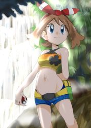  1girl alternate_costume blue_eyes breasts brown_hair creatures_(company) female_focus game_freak hainchu haltertop may_(pokemon) midriff navel nintendo outdoors plant poke_ball poke_ball_(basic) pokemon pokemon_oras ribbon shorts solo standing stomach tagme water  rating:Sensitive score:24 user:makutakraahkan