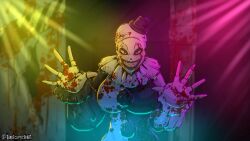  1girl absurdres art_the_clown bald bald_female blood blood_on_clothes breasts clown clown_nose copyright_request darkeclipticheart evil_grin evil_smile fingerless_gloves genderswap genderswap_(mtf) gloves grin halloween hat highres large_breasts long_sleeves october smi smile terrifier 