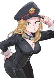  1girl black_bodysuit blonde_hair bodysuit boku_no_hero_academia breasts brown_eyes catsuit cleavage collar hat highres large_breasts latex latex_bodysuit long_hair long_sleeves looking_at_viewer open_bodysuit open_clothes partially_unzipped peaked_cap simple_background skin_tight solo superhero_costume ughama unzipped utsushimi_kemii white_background 