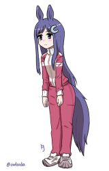  1girl anima_yell! animal_ears arima_hizume blush commentary full_body hair_ornament highres horse_ears horse_girl horse_tail horseshoe_ornament jacket kanji_connection kemonomimi_mode leaning_forward long_hair name_connection owlsoda pants purple_eyes purple_hair purple_tail red_jacket red_pants red_track_suit shoes sidelocks simple_background sneakers solo sportswear standing tail tracen_training_uniform track_jacket track_pants track_suit twitter_username umamusume white_background white_shoes 