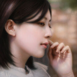  1girl 2025 asian black_hair brown_eyes highres looking_to_the_side makeup medium_hair nagase_art open_mouth original photorealistic pink_lips realistic 