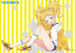 1girl aikatsu!_(series) aikatsu_stars! aqua_eyes blonde_hair blue_buruma braid buruma commentary_request double_vertical_stripe from_side gym_shirt gym_uniform hair_bobbles hair_ornament hand_on_own_head highres jacket katoh_akatsuki knee_up long_sleeves looking_at_viewer medium_hair nikaido_yuzu open_clothes open_jacket open_mouth shirt shoes side_braid single_horizontal_stripe sitting skindentation smile sneakers socks solo star_(symbol) star_symbol_background striped_background track_jacket twintails vertical_stripes white_shirt white_socks yellow_background yellow_jacket yellow_shoes rating:Sensitive score:13 user:danbooru