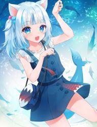 1girl :d animal animal_ears bag bare_arms blue_bag blue_dress blue_eyes blue_hair blunt_bangs blush cat_ears collarbone commentary_request cowboy_shot dress fang fins fish fish_tail gawr_gura gawr_gura_(casual) gintama_10102 handbag highres holding hololive hololive_english looking_at_viewer official_alternate_costume one_side_up open_mouth paw_pose ribbon shark_tail shoulder_bag skin_fang smile solo tail virtual_youtuber whale white_hair rating:Sensitive score:11 user:danbooru
