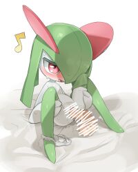  1girl :d bar_censor bed_sheet blush censored colored_eyelashes colored_skin disembodied_penis eighth_note full_body gen_3_pokemon green_hair green_thighhighs hair_between_eyes hands_on_own_thighs has_uncensored_version highres interspecies jitome kirlia m_legs missionary musical_note nintendo open_mouth panties panties_around_ankles panty_pull penis pokemon pokemon_(creature) pokephilia pussy reclining red_eyes saliva smile solo_focus spread_legs sweat testicles thighhighs tosx underwear vaginal white_background white_panties white_skin 