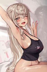 1girl armpits bed_sheet black_tank_top blonde_hair blue_eyes blush bottomless breasts commentary_request covered_erect_nipples fang fingernails from_side hair_between_eyes half-closed_eye highres large_breasts long_fingernails long_hair marchen_(torriet) messy_hair mole mole_on_stomach nail_polish navel one_eye_closed open_mouth original pink_nails sitting solo tank_top tearing_up torriet very_long_hair waking_up yawning rating:Questionable score:65 user:danbooru