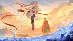  1boy 1girl belt blue_flower boots chinnkun closed_eyes cloud cloudy_sky day dress dutch_angle fantasy floating flower frieren from_below glowing_flower himmel_(sousou_no_frieren) holding holding_staff landscape levitation long_hair mountainous_horizon nature painterly petals signature sky sousou_no_frieren staff statue sun sunlight twintails watermark white_dress white_hair 