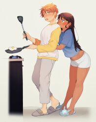  2girls absurdres animal_shoes artist_name assertive_female bare_legs blue_shirt blush brown_hair buttons chadolbaegi choppy_bangs closed_mouth commentary cooking couple crop_top dark-skinned_female dark_skin ear_blush egg english_commentary fire fried_egg frying_pan glasses grey_pants grey_shoes highres holding holding_frying_pan holding_spatula hug hug_from_behind long_sleeves looking_at_another looking_back midriff multiple_girls navel no_socks nose_blush open_mouth orange_eyes orange_hair orange_sleeves original pants purple_eyes shirt shoes short_hair short_shorts short_sleeves shorts sidelocks simple_background slippers smile spatula stove sweatdrop t-shirt teeth tomboy upper_teeth_only white_background white_shirt white_shoes white_shorts wide_sleeves yuri 