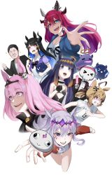  1boy 6+girls animal_ears black_hair blonde_hair blue_hair bow breasts brown_hair cosplay derivative_work double_halo dress ear_covers ear_ornament ear_ribbon everyone gigi_murin grey_hair hair_ornament halo heterochromia highres hololive hololive_english holomyth horns horse_ears horse_girl horse_tail horseshoe_ornament iggy2077 irys_(hololive) joints kemonomimi_mode koseki_bijou long_hair mori_calliope multicolored_hair multiple_girls nerissa_ravencroft ninomae_ina&#039;nis open_mouth original_race_uniform_(umamusume) pants pink_eyes pink_hair ponytail purple_eyes purple_hair purple_shirt red_eyes red_hair sailor_collar sailor_shirt school_uniform shirt short_hair smile streaked_hair tail tracen_school_uniform tracen_training_uniform twintails umamusume umamusume:_beginning_of_a_new_era virtual_youtuber white_shirt yagoo 