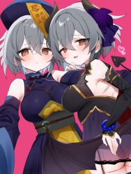  2girls blush bracelet brown_eyes chinese_clothes clone demon_girl demon_horns demon_tail demon_wings detached_sleeves flower gem grey_hair heart highres higurashi_no_naku_koro_ni higurashi_no_naku_koro_ni_mei horns jewelry jiangshi kimiyoshi_kazuho ma_(aaayabaina111) multiple_girls ofuda pink_background purple_flower purple_ribbon red_gemstone ribbon short_hair simple_background tail wings 