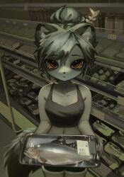 1girl :&lt; animal_ears bitterk4t black_shorts bone_hair_ornament brown_eyes cat_ears cat_tail dolphin_shorts female_focus fish fish_skeleton furry furry_female grey_hair hair_bun hair_ornament highres holding indoors looking_at_viewer navel original shop shorts solo standing tail rating:Sensitive score:13 user:romantic_colors