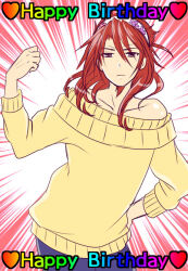  1boy character_request collarbone copyright_request cowboy_shot english_text hairband happy_birthday lowres male_focus medium_hair menokonome off-shoulder_sweater off_shoulder rainbow_text solo sweater yellow_sweater 