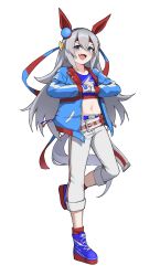  1girl absurdres animal_ears belt blue_belt blue_eyes blue_hairband blue_jacket blue_shoes capri_pants clenched_hands commentary_request crop_top ear_covers fang fingerless_gloves fist_in_hand full_body gloves grey_hair grey_tail hairband highres horse_ears horse_girl horse_tail jacket kkoz_555 lightning_bolt_symbol long_hair looking_at_viewer midriff multicolored_hairband navel open_clothes open_jacket open_mouth pants red_belt shoes simple_background smile sneakers solo standing tachi-e tail tamamo_cross_(umamusume) umamusume very_long_hair white_background white_gloves white_pants 
